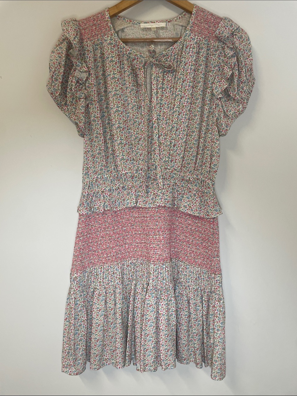 LoveShackFancy Toto Pink Floral Tiered Smocked Midi Dress ruffles Medium NWOT